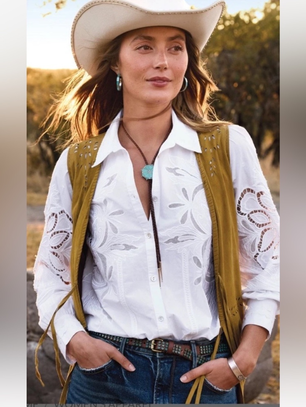SUNDANCE MONTEREY EMBROIDERED CUTOUT WHITE SHIRT S